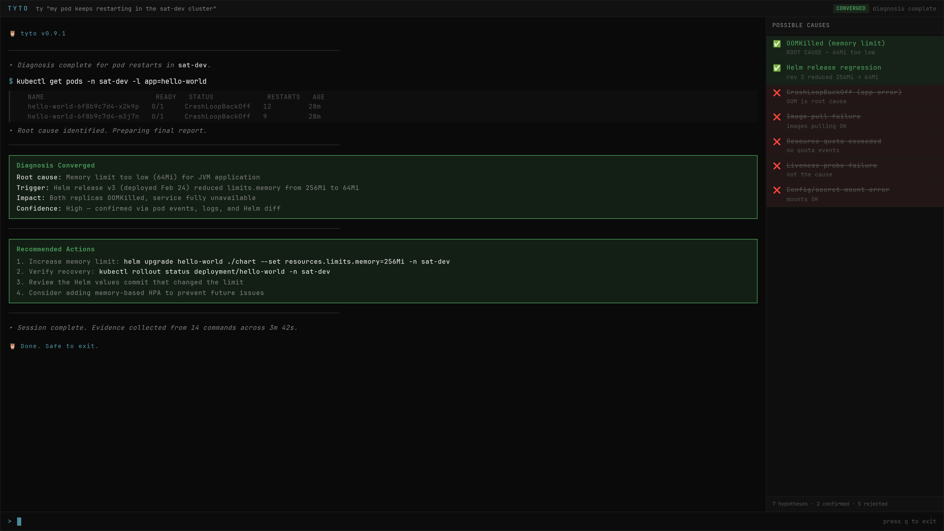 Tyto diagnostic TUI — diagnosis converged with root cause and recommended actions