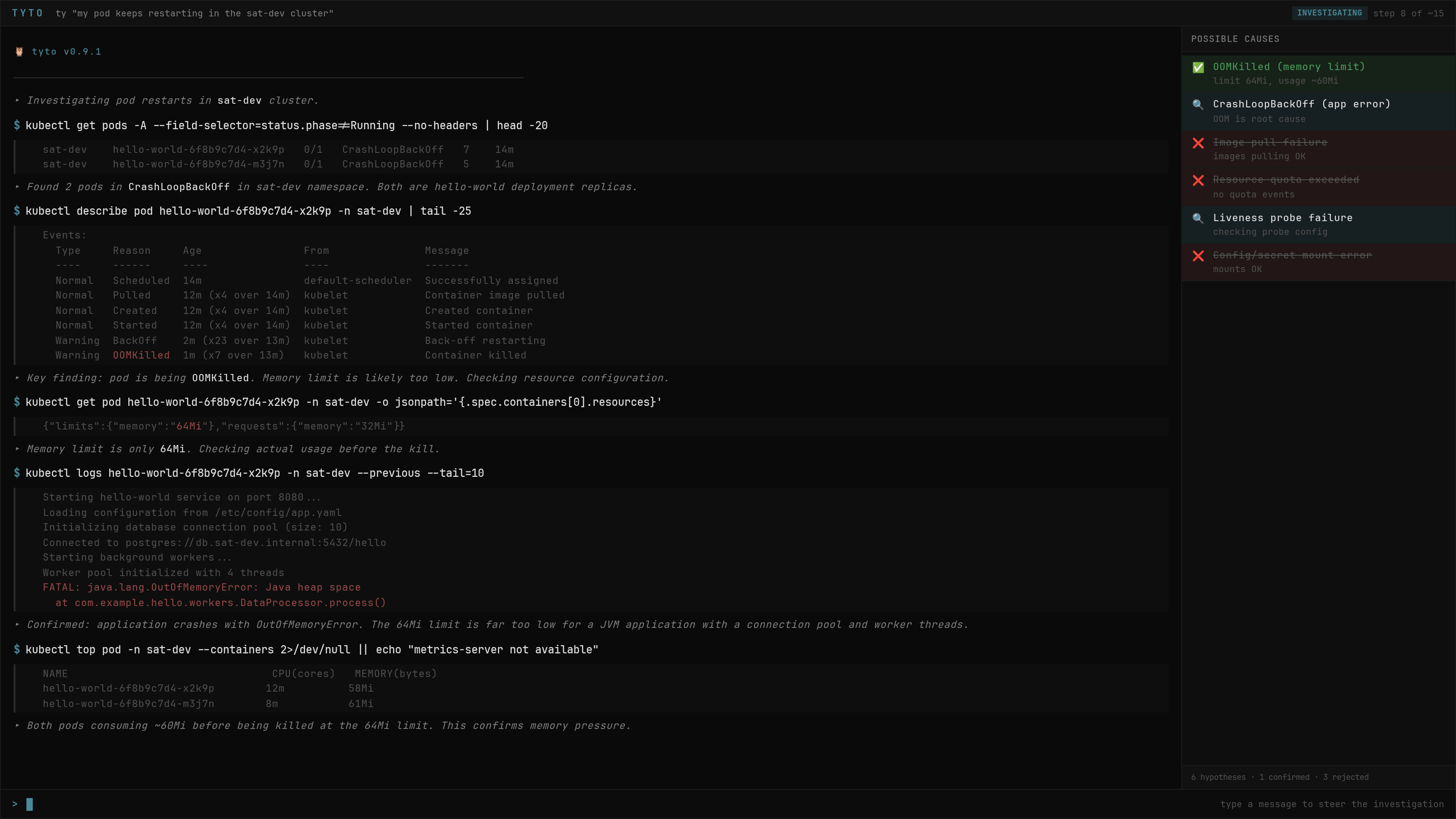 Tyto diagnostic TUI — investigating pod restarts with hypothesis checklist